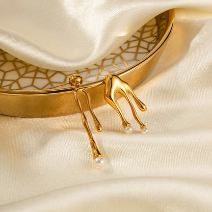 Gold Pearl Wishbone Drop Earrings