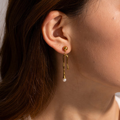 Gold Pearl Wishbone Drop Earrings